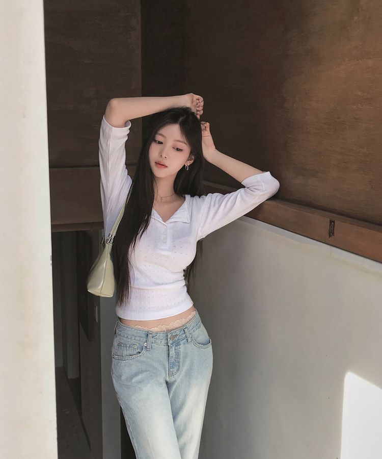 パンチングボタンリブ７分丈Tシャツ WHITE