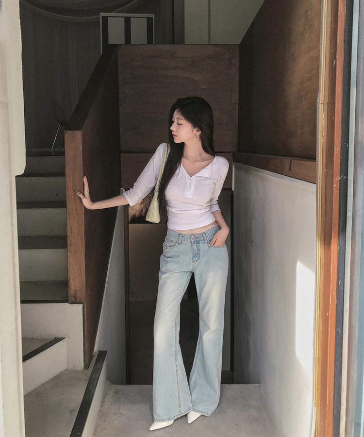 パンチングボタンリブ７分丈Tシャツ WHITE