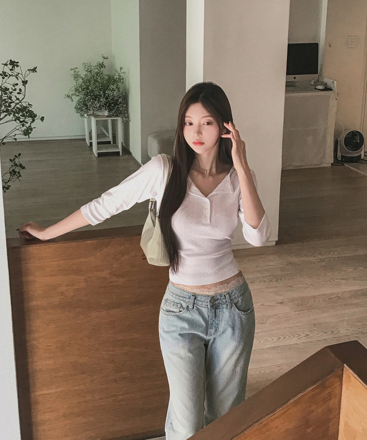 パンチングボタンリブ７分丈Tシャツ WHITE