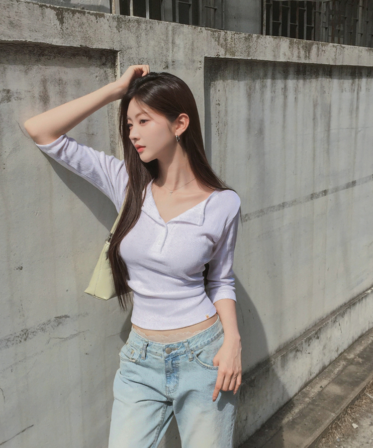 パンチングボタンリブ７分丈Tシャツ WHITE