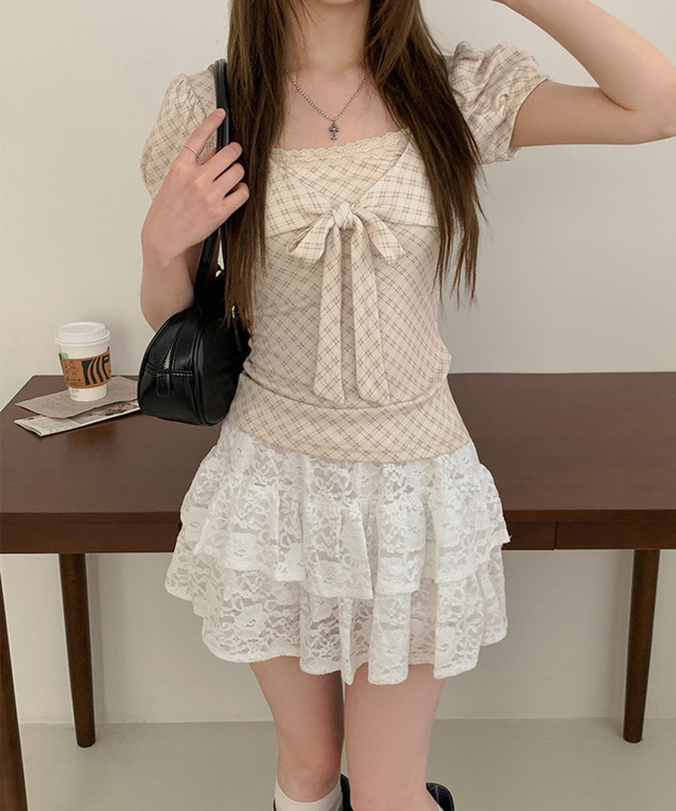 チェックリボンパフ半袖Tシャツ BEIGE