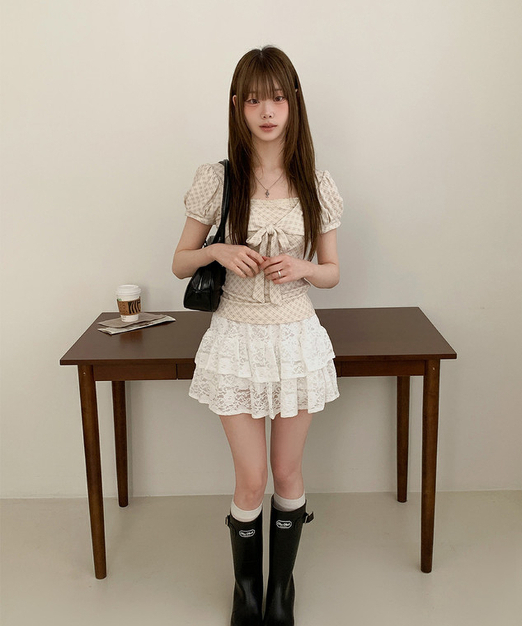 チェックリボンパフ半袖Tシャツ BEIGE