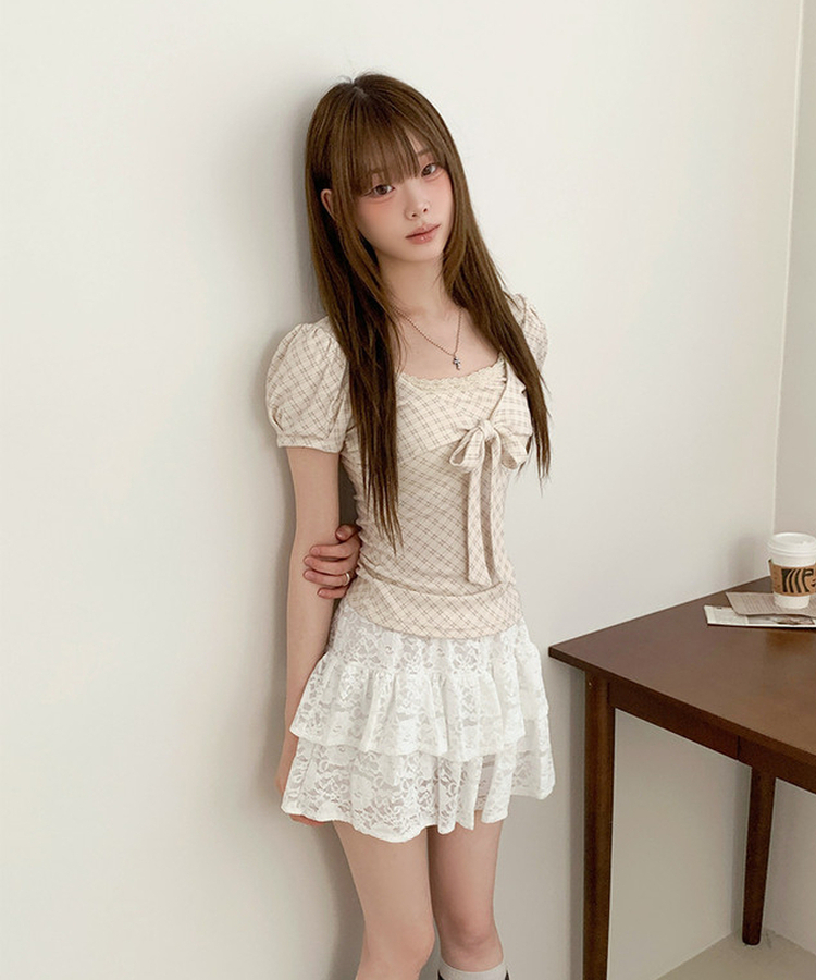 チェックリボンパフ半袖Tシャツ BEIGE