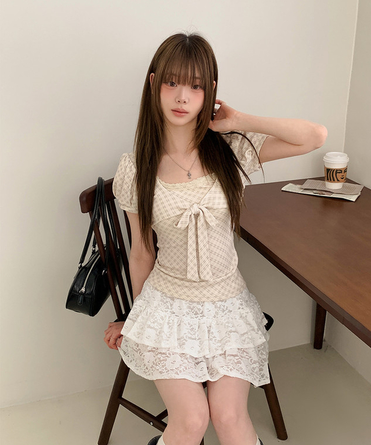 チェックリボンパフ半袖Tシャツ BEIGE