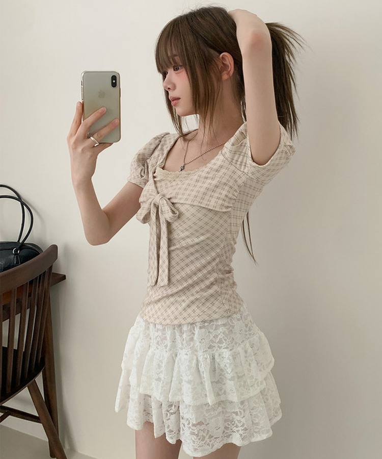 チェックリボンパフ半袖Tシャツ BEIGE