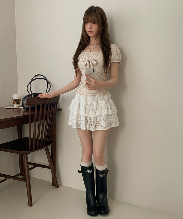 チェックリボンパフ半袖Tシャツ BEIGE