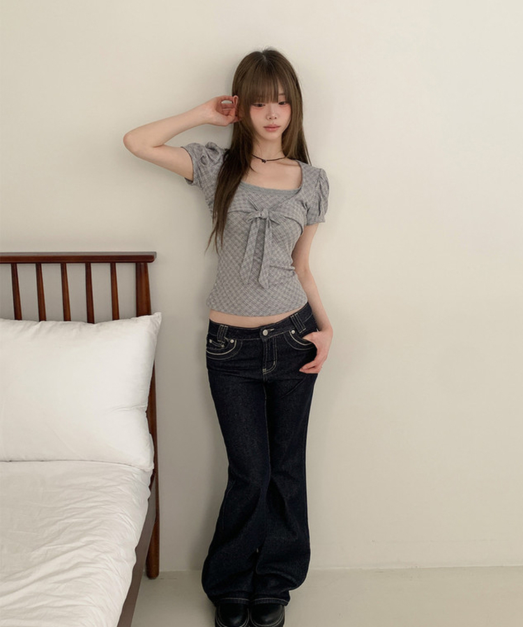 チェックリボンパフ半袖Tシャツ GREY