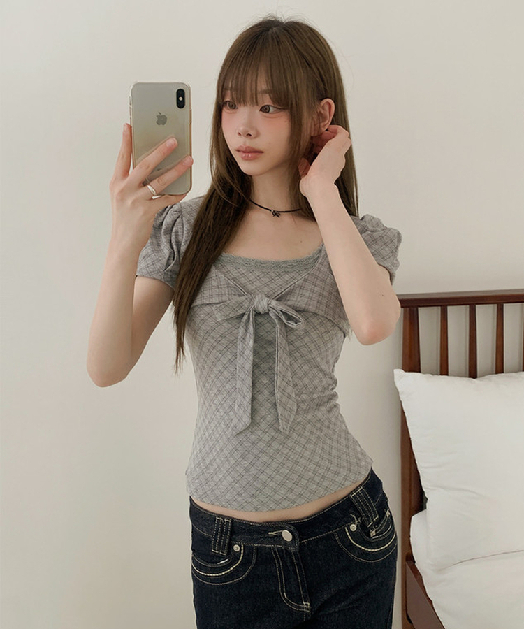 チェックリボンパフ半袖Tシャツ GREY