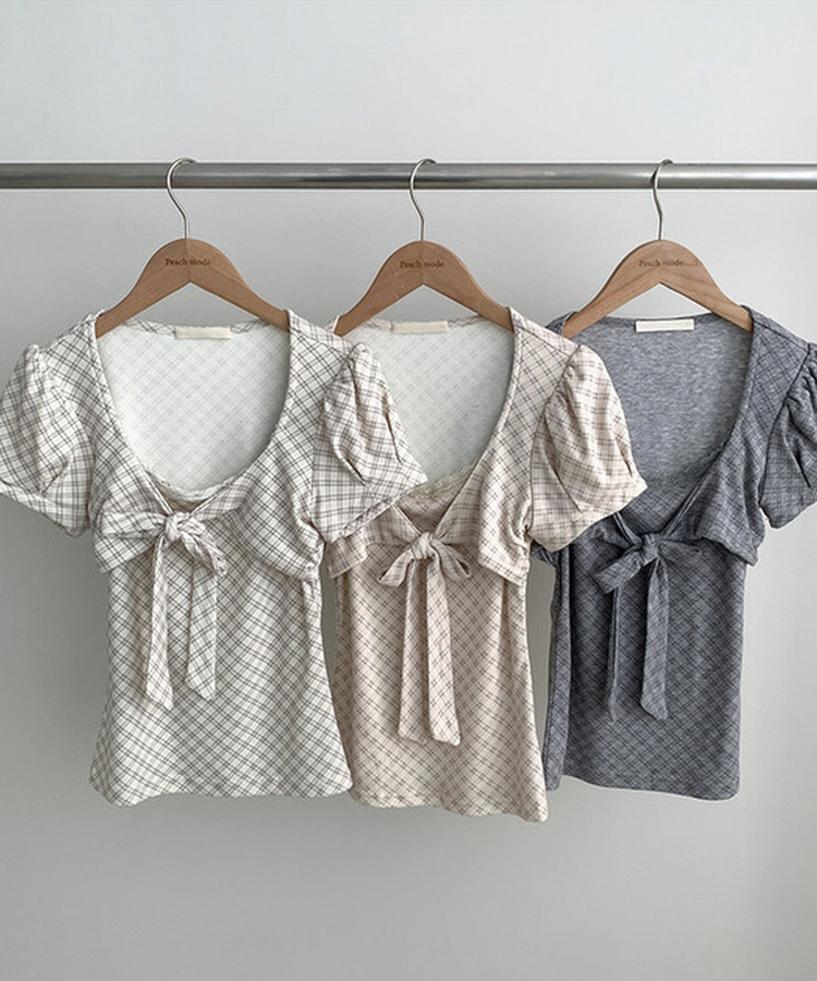 チェックリボンパフ半袖Tシャツ