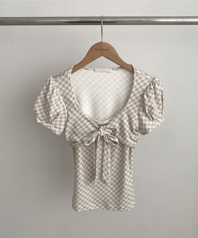 チェックリボンパフ半袖Tシャツ