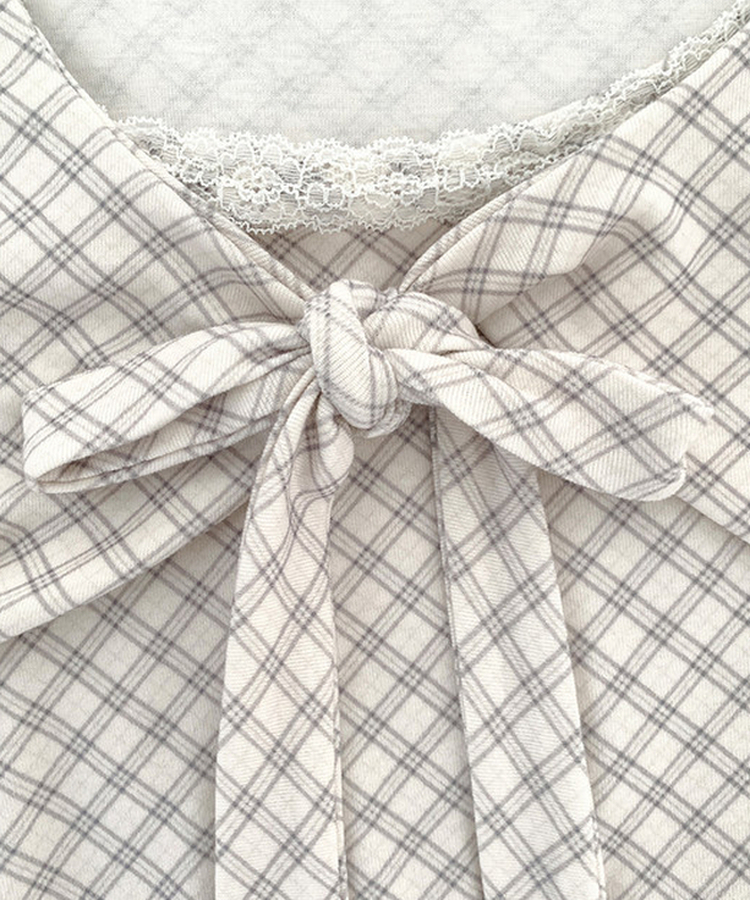 チェックリボンパフ半袖Tシャツ