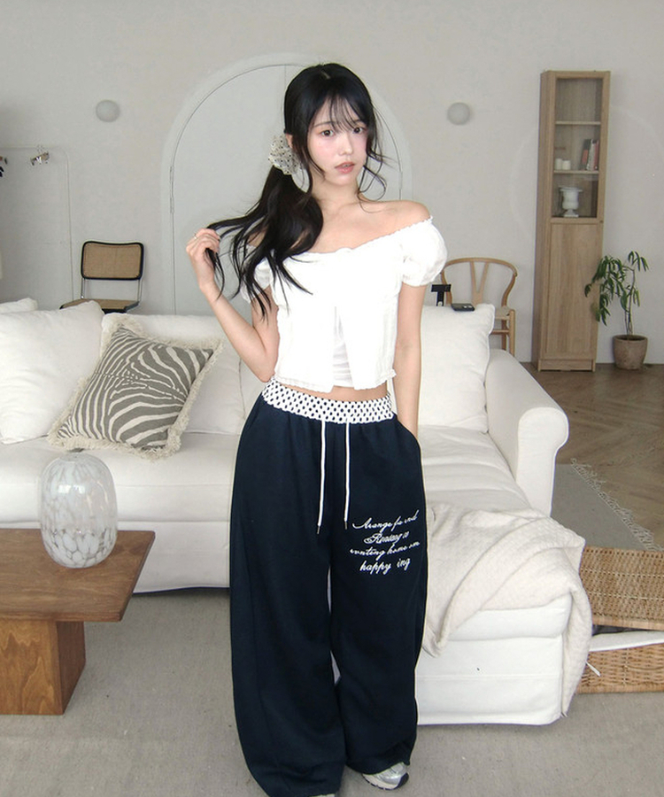 피킹 도트 허리배색 레터링 자수 셔링 와이드 트레이닝 스웻팬츠 네이비