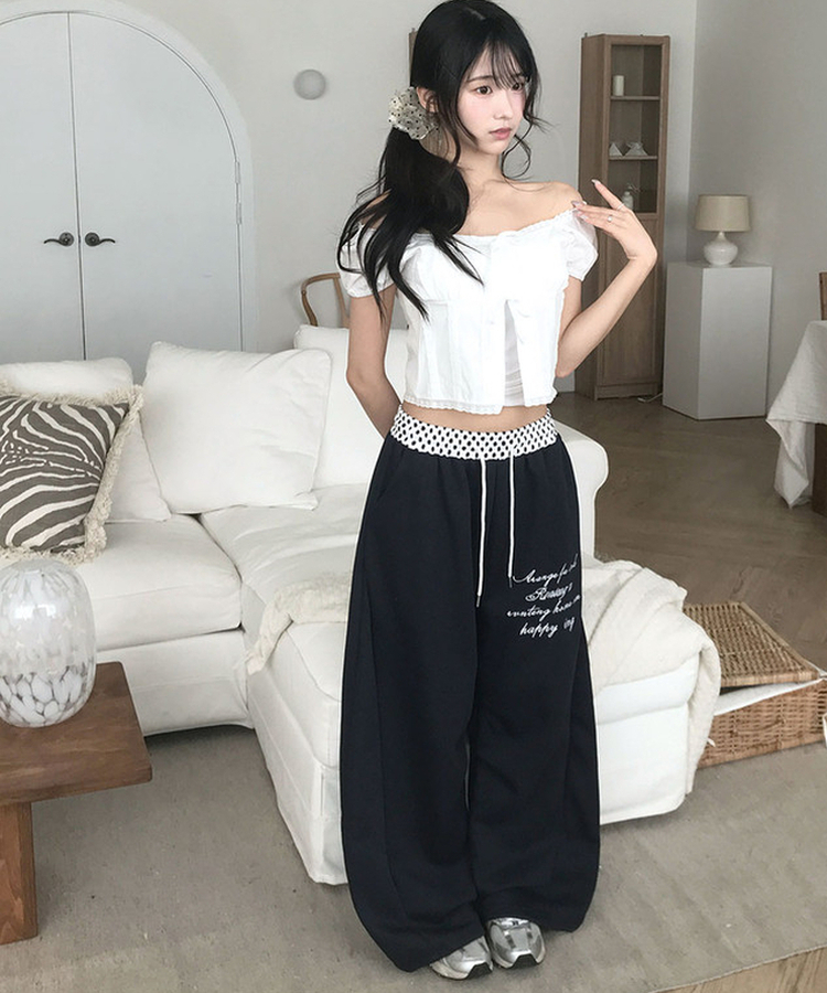 피킹 도트 허리배색 레터링 자수 셔링 와이드 트레이닝 스웻팬츠 네이비