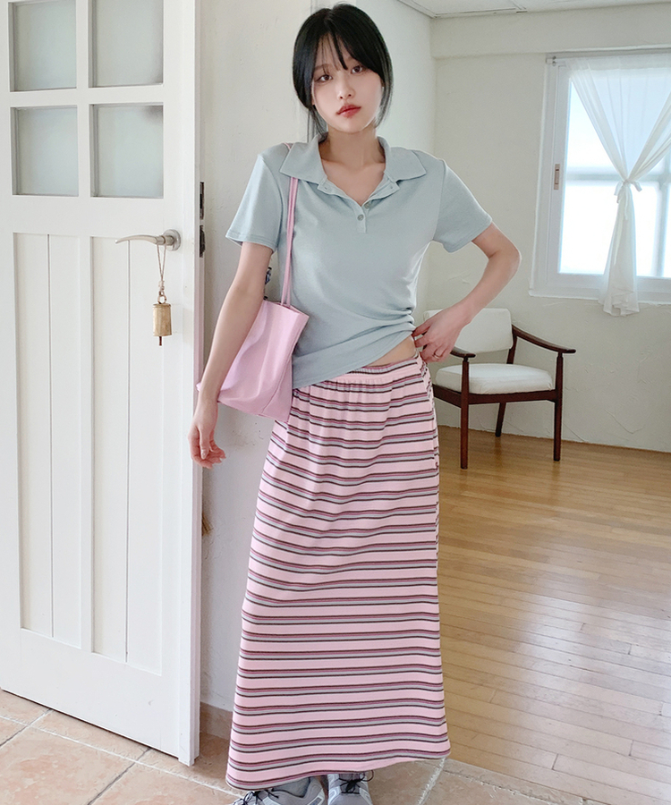 ワッフルストライプロングスカート PINK