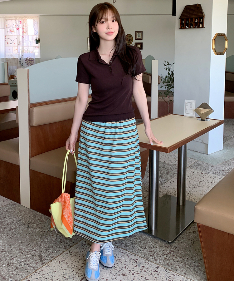 ワッフルストライプロングスカート SKYBLUE