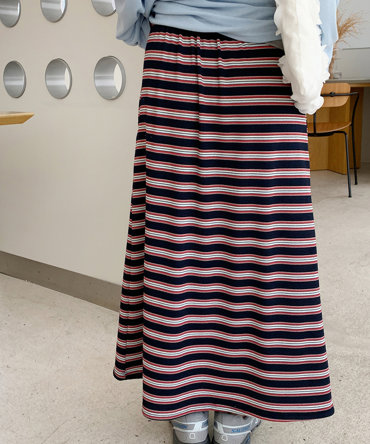 ワッフルストライプロングスカート NAVY