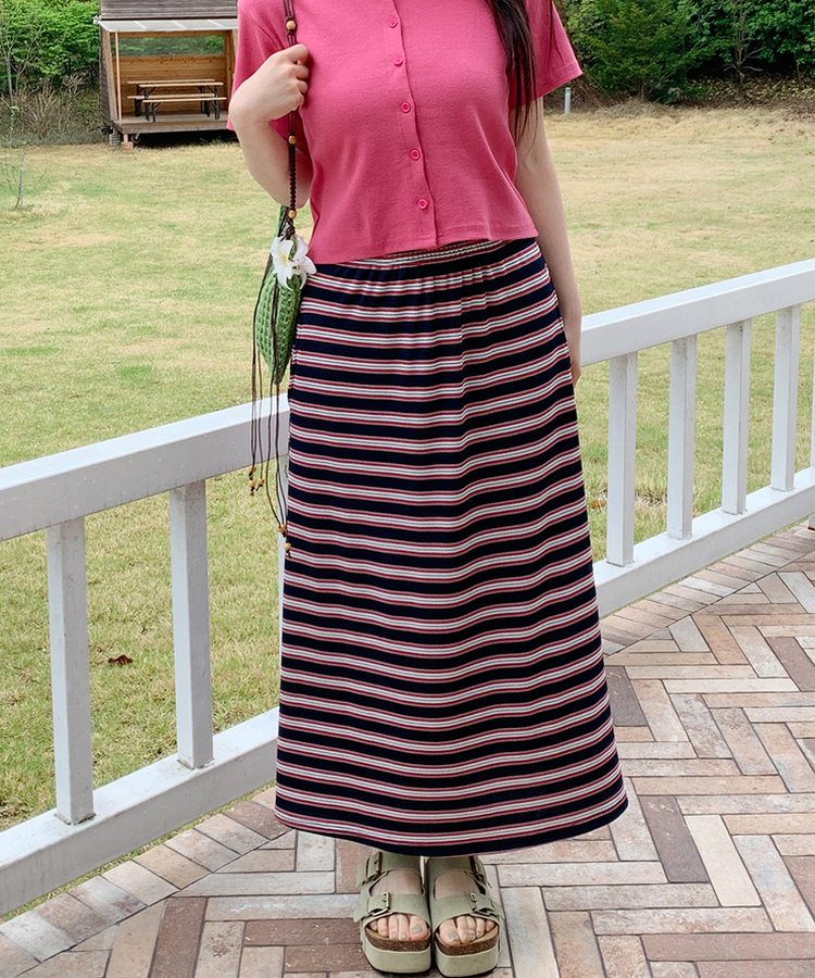 ワッフルストライプロングスカート NAVY