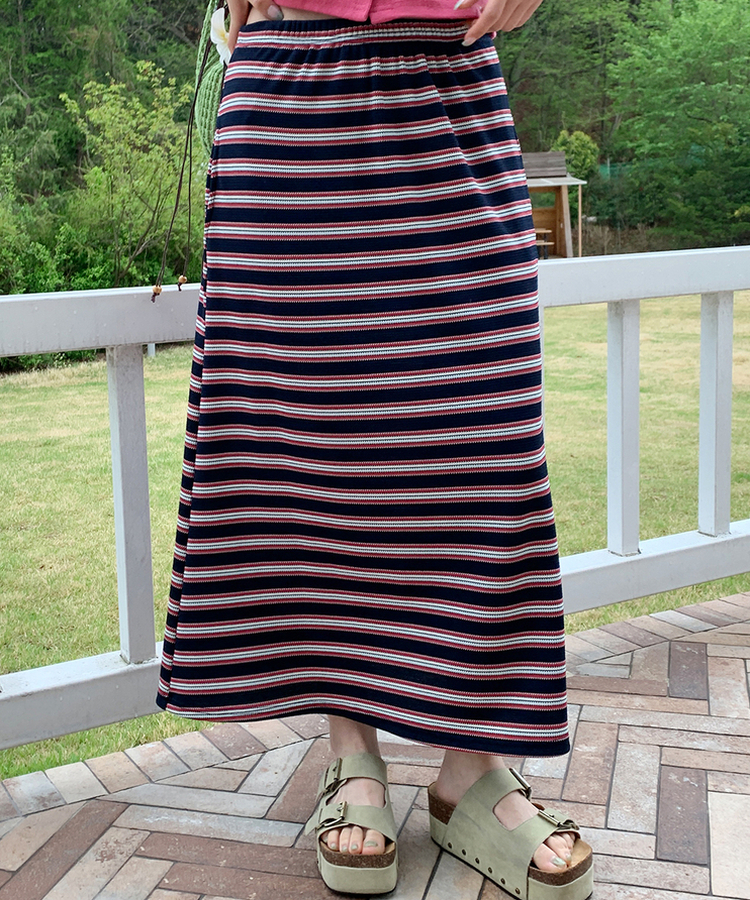 ワッフルストライプロングスカート NAVY