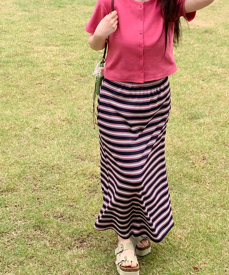 ワッフルストライプロングスカート NAVY