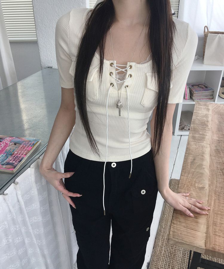 アイレットリブ半袖Tシャツ IVORY