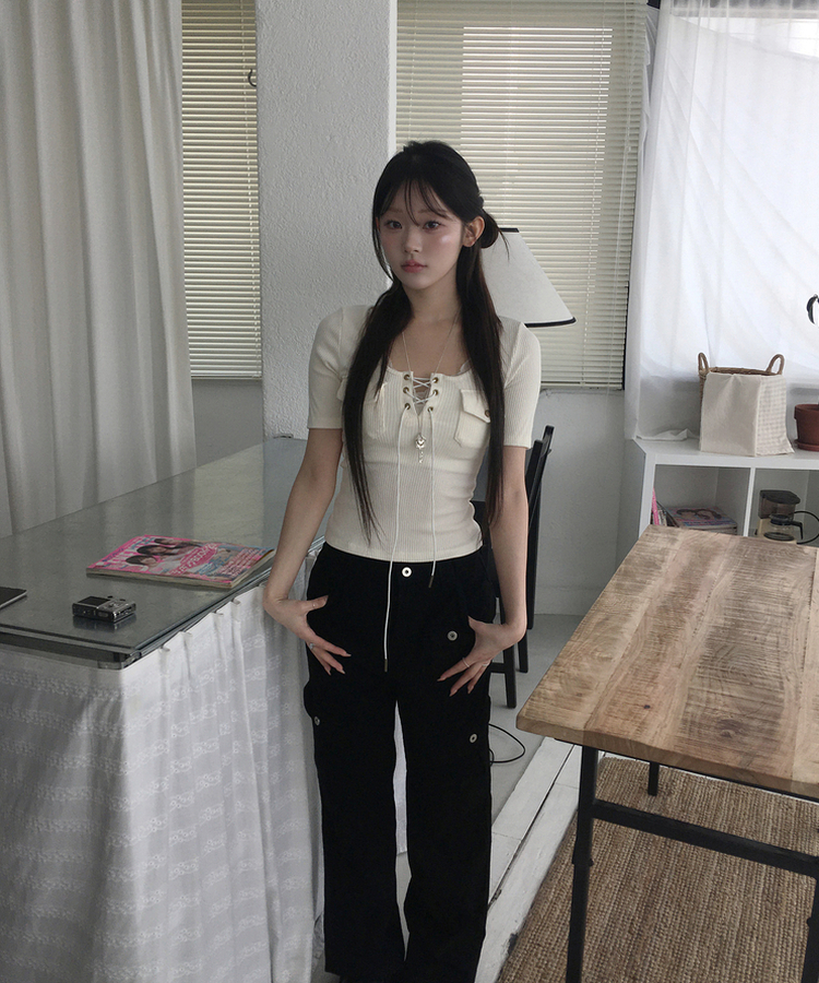 アイレットリブ半袖Tシャツ IVORY
