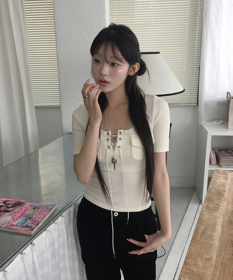 アイレットリブ半袖Tシャツ IVORY