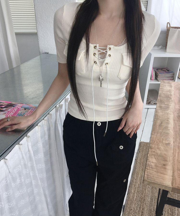 アイレットリブ半袖Tシャツ IVORY