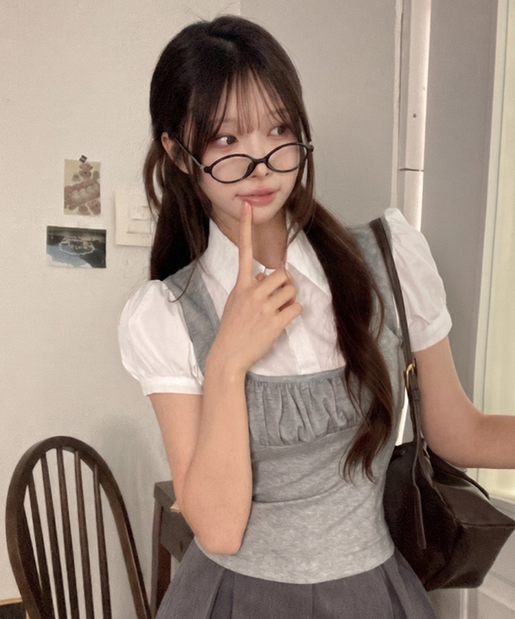 썸 퍼프 셔츠 뷔스티에 레이어드 일체형 블라우스 그레이