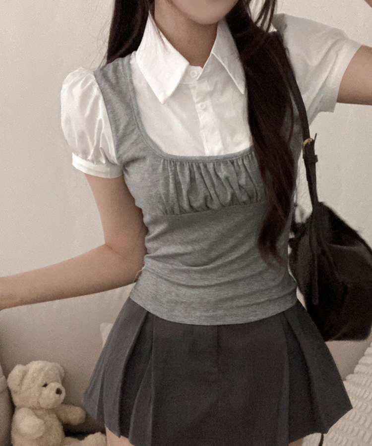 썸 퍼프 셔츠 뷔스티에 레이어드 일체형 블라우스 그레이