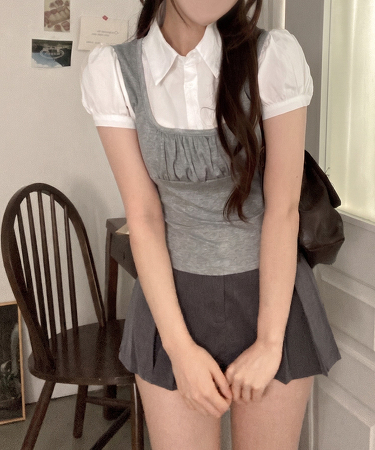썸 퍼프 셔츠 뷔스티에 레이어드 일체형 블라우스 그레이