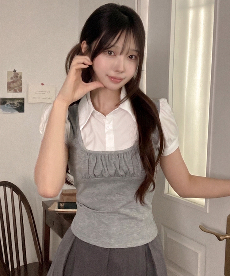 썸 퍼프 셔츠 뷔스티에 레이어드 일체형 블라우스 그레이