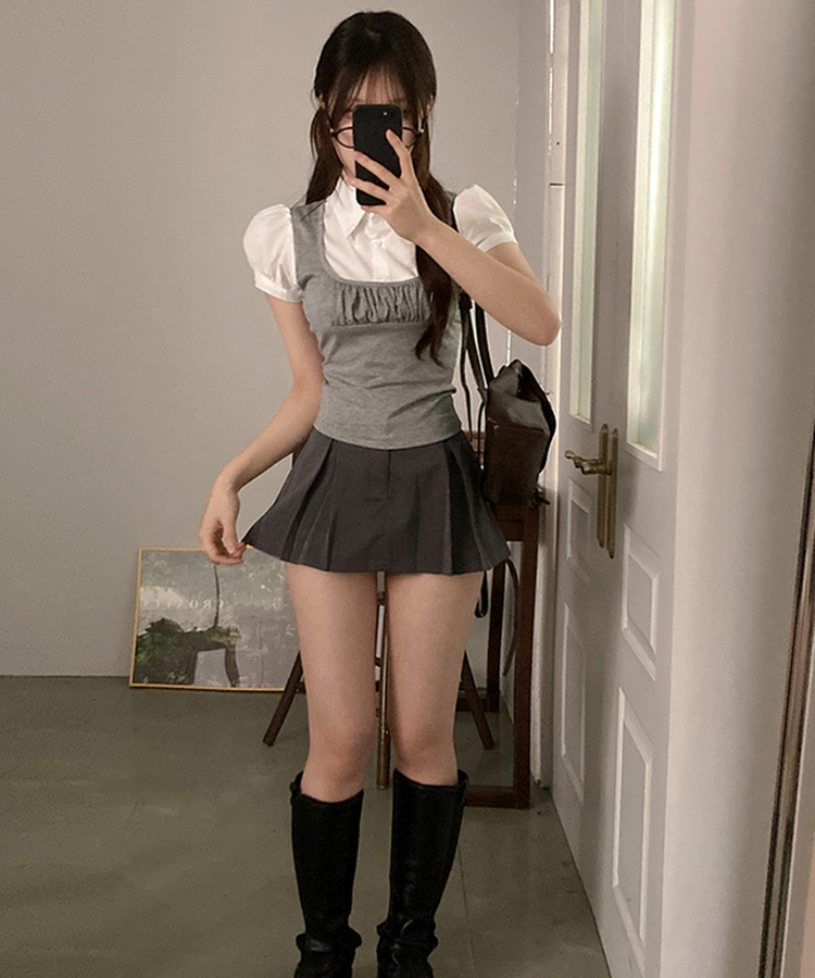 썸 퍼프 셔츠 뷔스티에 레이어드 일체형 블라우스 그레이