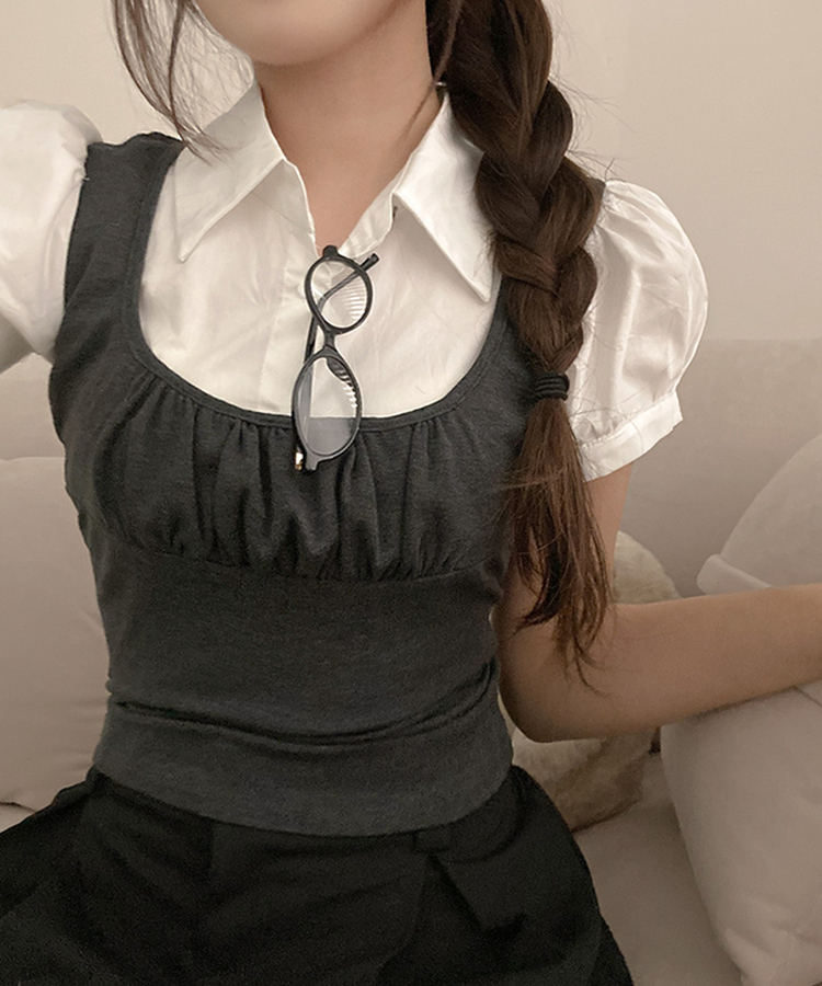썸 퍼프 셔츠 뷔스티에 레이어드 일체형 블라우스 차콜