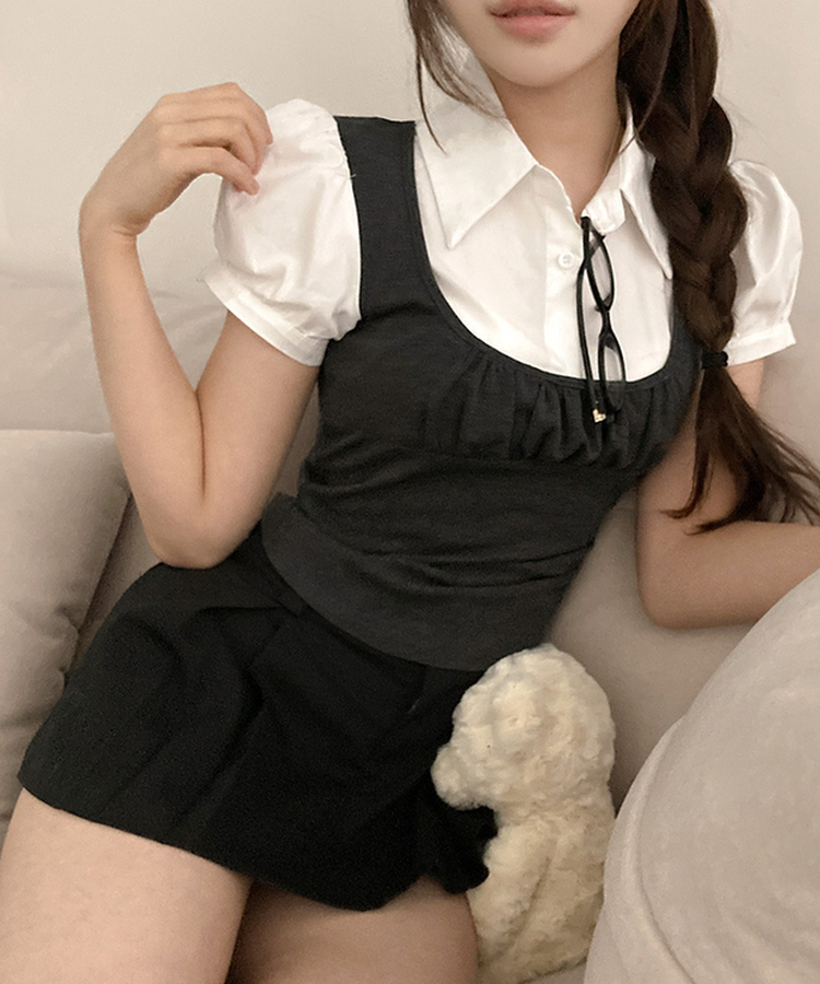 썸 퍼프 셔츠 뷔스티에 레이어드 일체형 블라우스 차콜