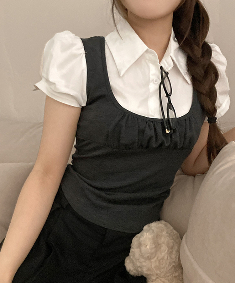 썸 퍼프 셔츠 뷔스티에 레이어드 일체형 블라우스 차콜