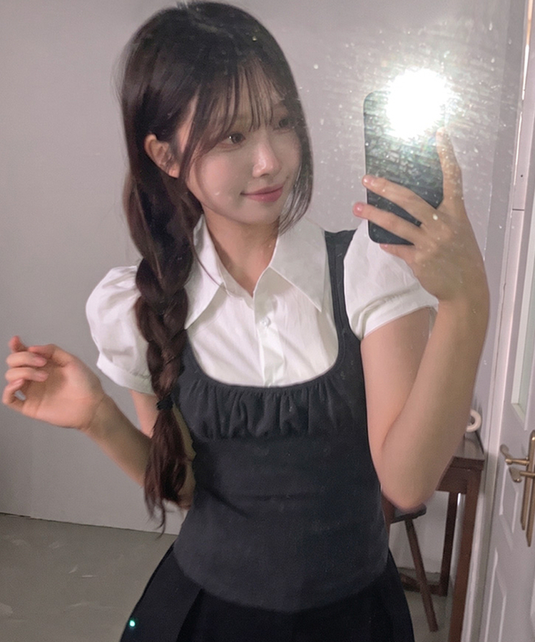 썸 퍼프 셔츠 뷔스티에 레이어드 일체형 블라우스 차콜