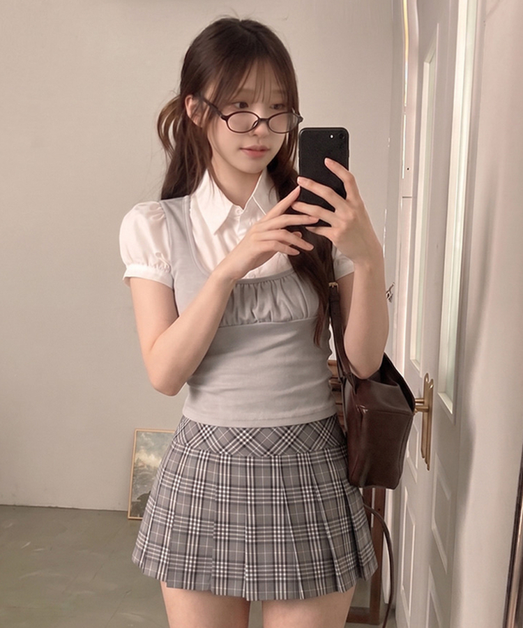 썸 퍼프 셔츠 뷔스티에 레이어드 일체형 블라우스 연그레이