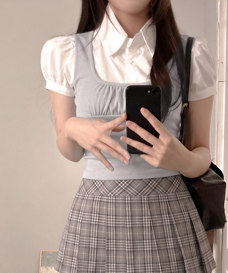 썸 퍼프 셔츠 뷔스티에 레이어드 일체형 블라우스 연그레이