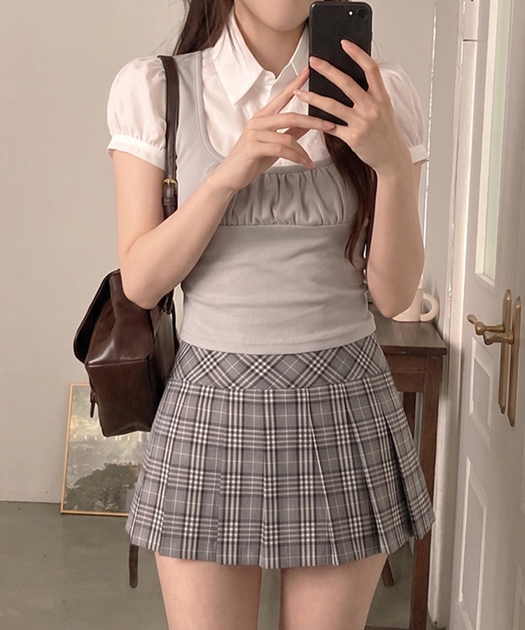 썸 퍼프 셔츠 뷔스티에 레이어드 일체형 블라우스 연그레이
