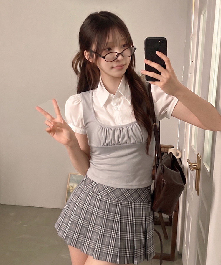 썸 퍼프 셔츠 뷔스티에 레이어드 일체형 블라우스 연그레이