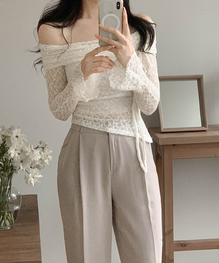 レースシャーリングオフショルダートップス IVORY