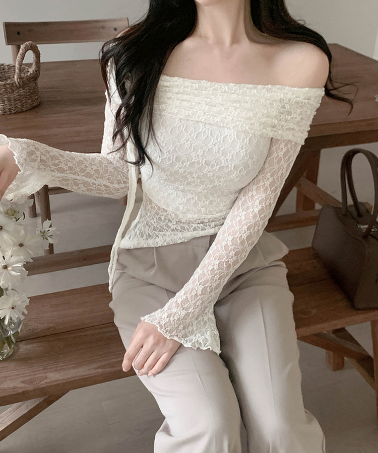 レースシャーリングオフショルダートップス IVORY