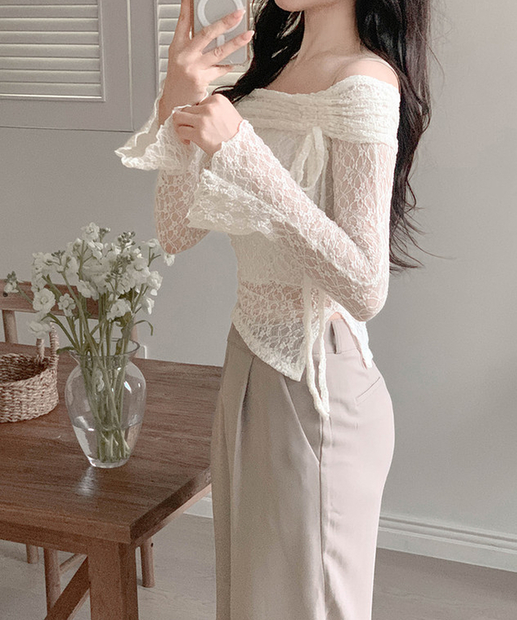 レースシャーリングオフショルダートップス IVORY