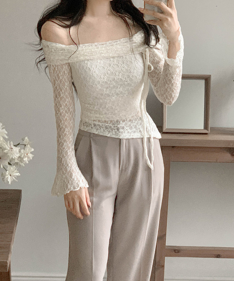 レースシャーリングオフショルダートップス IVORY