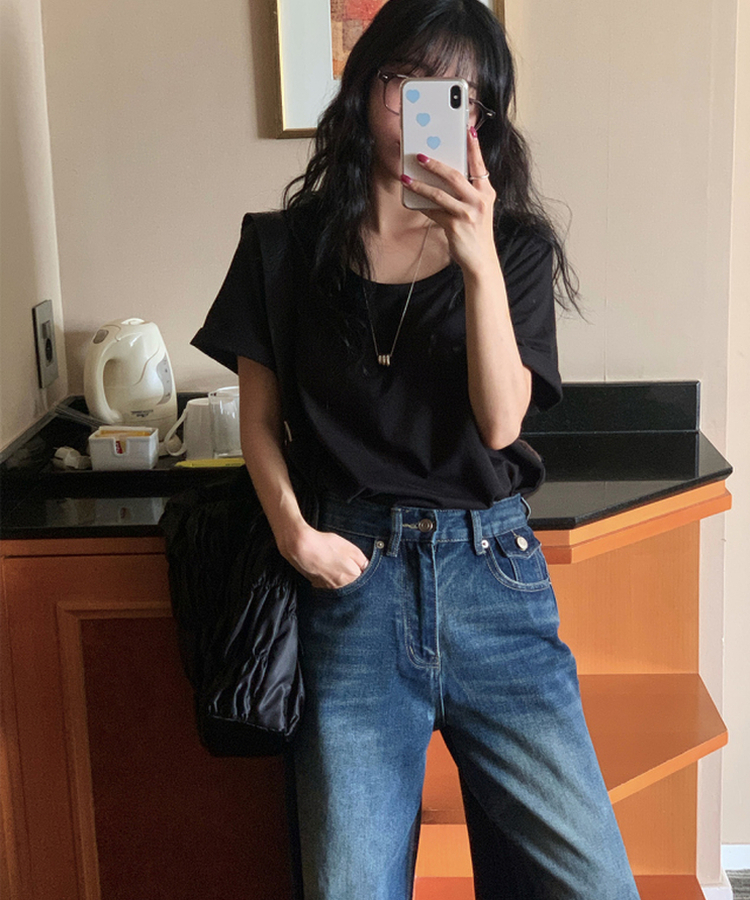 Uネック半袖Tシャツ BLACK