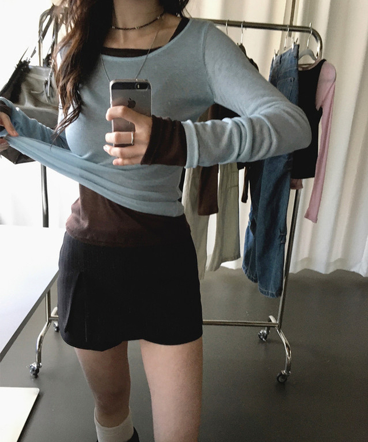 シースルーレイヤード長袖Tシャツ(11color) SKY BLUE