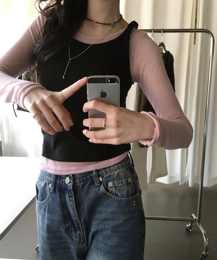 シースルーレイヤード長袖Tシャツ(11color) COOL PINK