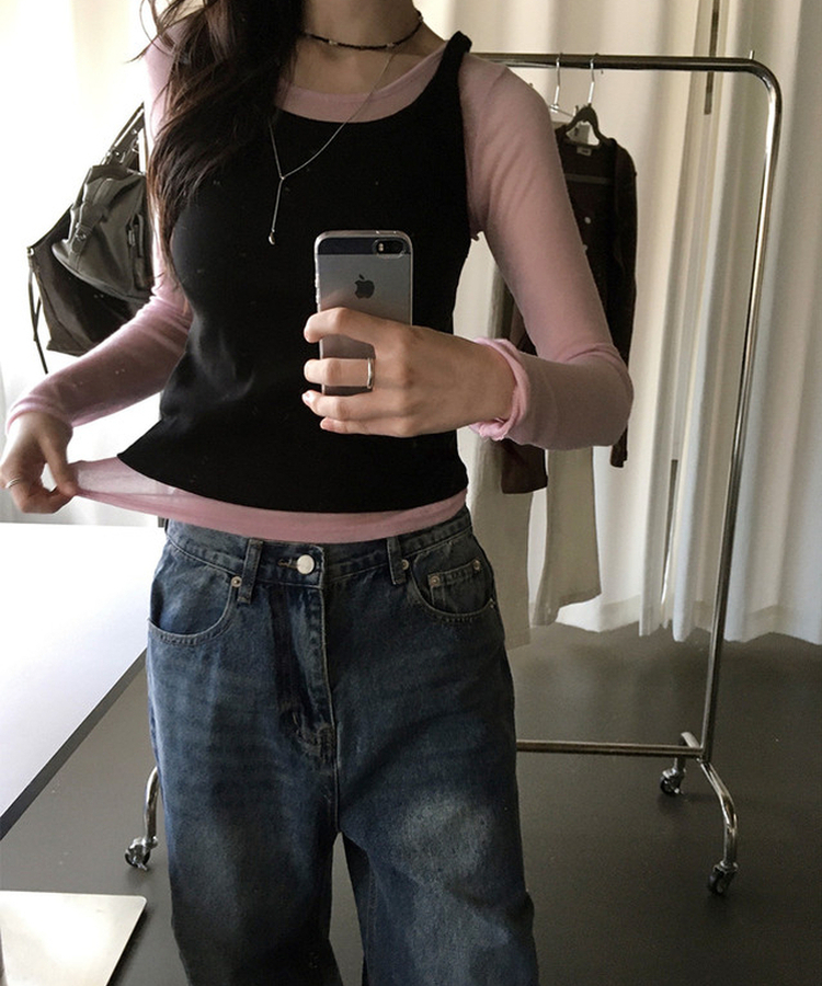 シースルーレイヤード長袖Tシャツ(11color) COOL PINK