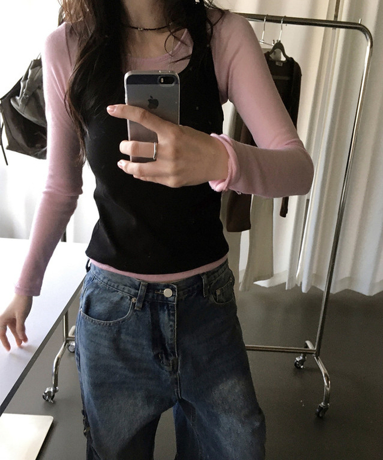 シースルーレイヤード長袖Tシャツ(11color) COOL PINK