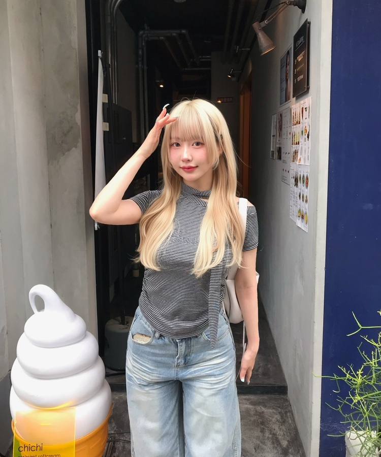 【タイ付き】ストライプオフショルTシャツ GREY